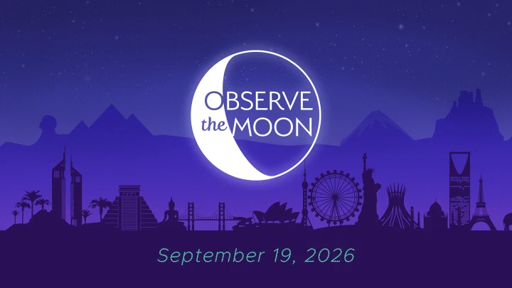 Poster resmi International Observe the Moon Night 2026: bulan sabit besar di atas siluet bangunan dari berbagai negara